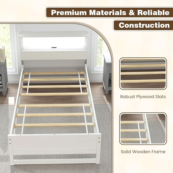 KOMFOTT Twin Size Wood Platform Bed Frame with Charging Station & LED Light, Platform Bed with Storage Headboard & 12” Under-Bed Space, No Box Spring Needed Bed Base, Wood Mattress Foundation (White)