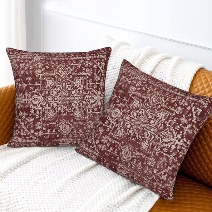 Boho Pillow Covers 16 x 16 Inch Set of 2, Bohemian Burgundy Carpet Pattern Decorative Throw Pillows Ethnic Rustic Farmhouse Cushion Cases Linen Gifts for Couch Sofa Outdoor Decor