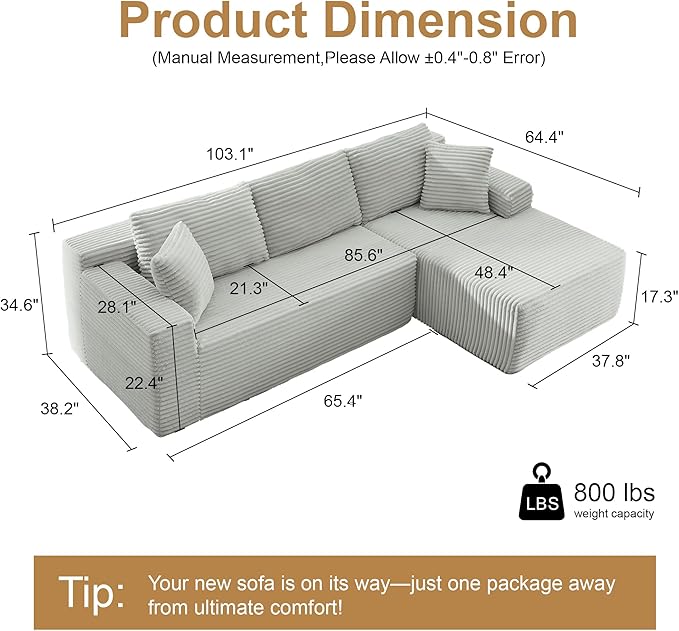 105''Sectional Cloud Couch with L Shaped Chaise,Modern Modular Sectional Sofa,Boneless Couch with Deep Seat,Comfy Couches for Living Room (Light Grey, Right Facing Chaise)