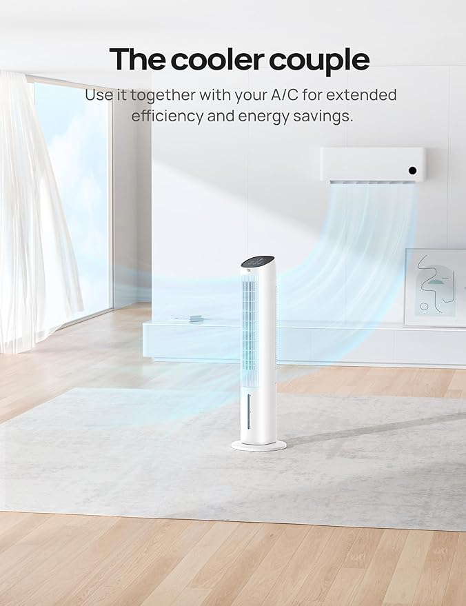Dreo Evaporative Air Cooler, 40” Standing Fans that Blow Cold Air, 80° Oscillating Bladeless Cooling Fan for Bedroom, Swamp Cooler, Removable Water Tank, Ice Pack, Remote, 3 Mode 4-Speed, White
