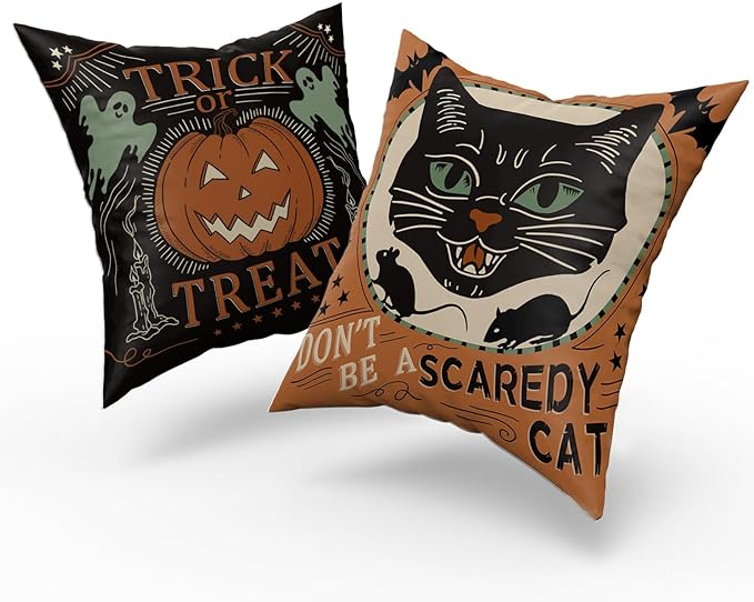 Kawani Halloween Pillow Covers 18x18 Set of 2 Vintage Halloween Decorative Scaredy Cats Pumpkins Trick Or Treat Throw Pillow Covers Farmhouse Pillowcases Cotton Cushion Cover Couch Bed Sofa Chair BZ