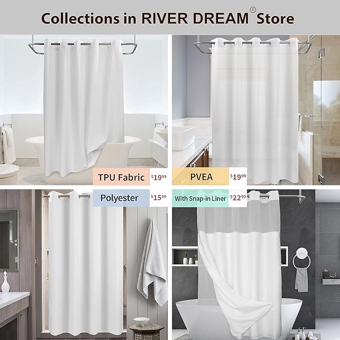 River Dream No Hook Hotel Cloth Shower Curtain Microfiber - Waterproof Soft Washable Fabric Shower Curtain or Liner with Magnets, White, Standard Size