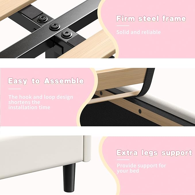 EnHomee Queen Bed Frame with LED, Velvet Upholstered Cloud Headboard and Drawers, Bed Frame Queen Size with Height Adjustable Headboard, Solid Wooden Slats, No Box Spring Needed, Easy Assembly, Cream