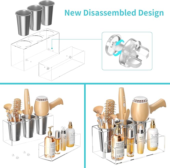 HIIMIEI Hair Tool Organizer, Acrylic Hair Dryer Holder, Bathroom Countertop Blow Dryer Stand Storage, Vanity Organizer for Accessories, Makeup, Flat Irons, Curling Irons, and Toiletries (Clear)