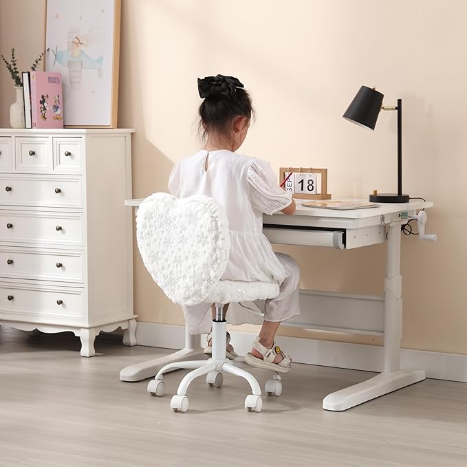 Kmax Kids Reading Chair, Rolling Cute Desk Chair for Girls Swivel Office Chair with Wheels & Heart Back Adjustable Childrens Vanity Chair for Bedroom Reading Room - Fur, Snowflake