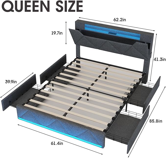 Vabches Queen Bed Frame with Storage Headboard and 4 Drawers,Upholstered Platform with Charging Station and Led Lights,Adjustable Headboard,No Box Spring Needed,Dark Grey