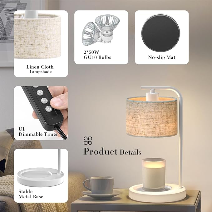 White Candle Warmer Lamp with Timer Dimmer, Electric Candle Warmer Wax Heater, Birthday Gifts for Women Her Mom, House Warming Gifts New Home