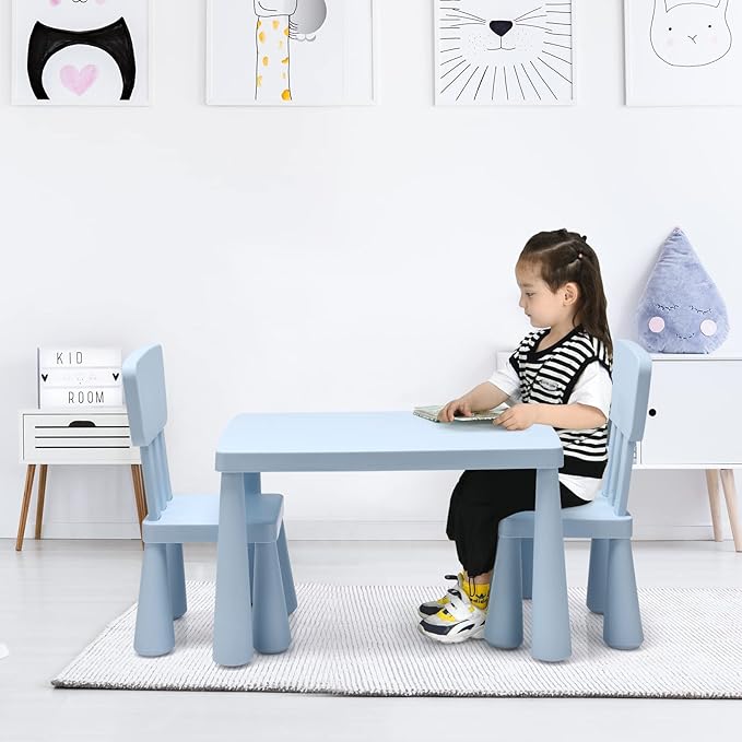 LDAILY Kids Table and Chairs, 3-Piece Children Arts Nursery Furniture for Drawing, Reading, and Painting, Light Weight Plastic Activity Kids Desk and Chair Set for Playroom, Kindergarten (Blue)