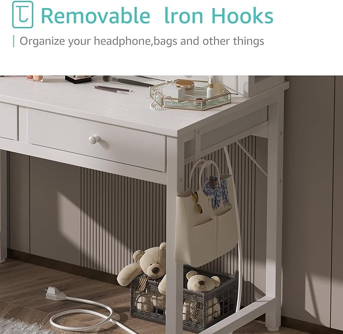 Lufeiya Small White Kids Desk with Fabric Drawers for Bedroom, 32 inch Vanity Makeup Desk with Drawers Storage for Home Office, Writing Study Table with Power Outlet & Monitor Stand, White