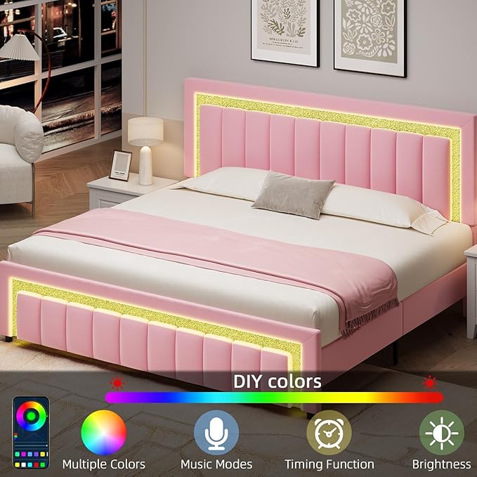 HOMBCK King Size Bed Frame with LED Lights and Velvet Upholstered Headboard, Bed Frame King with Modern Diamond Headboard Adjustable, Wooden Slats Support, Noise Free, No Box Spring Needed, Pink