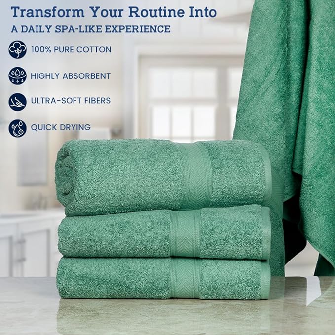 Casa Lino Green Bath Towels Set of 4 (54" x 27") - Large Bathroom Towel Set - 100% Cotton Towels for Bathroom - Highly Absorbent & Quick Dry Bath Towel Multipack - New Apartment Essentials