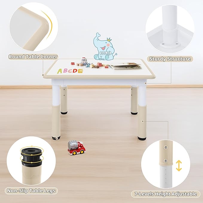 Toddler Table, 7 Level Height Adjustable Kids Play Furniture for Ages 3-8, Rectangular Plastic, 23.6" W x31.5 L, Multi-Activity Desk with Graffiti Desktop for Home & Daycare