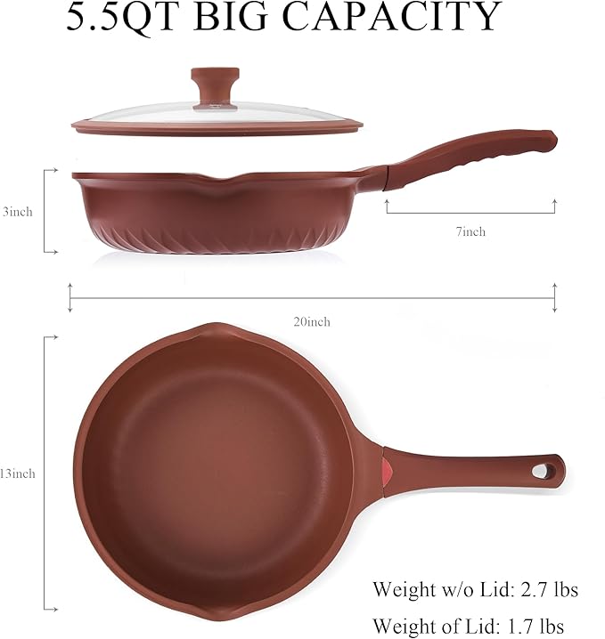 Vinchef Nonstick Toxin-Free Ceramic Cookware Deep Frying Pan Saute Pan with Lid, 12in/5.5Qt Fry Pan, German 3C+ Ceramic Coating Technology, Heat Indicator, Induction Compatible