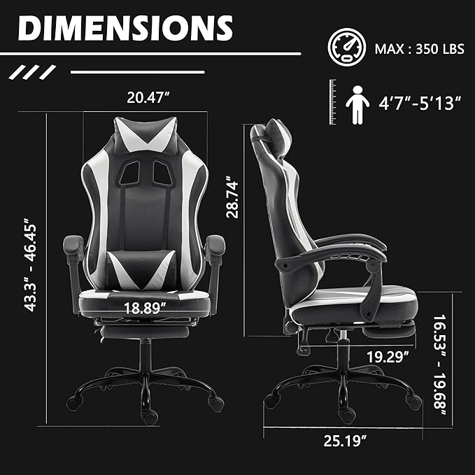 Gaming Chair,Big and Tall Massage Video Game Chairs,Lumbar Support Footrest Padded Armrest Adjustable Height Swivel,300lb Capacity, Comfy Racing Gaming Chairs for Adult Kids (White)