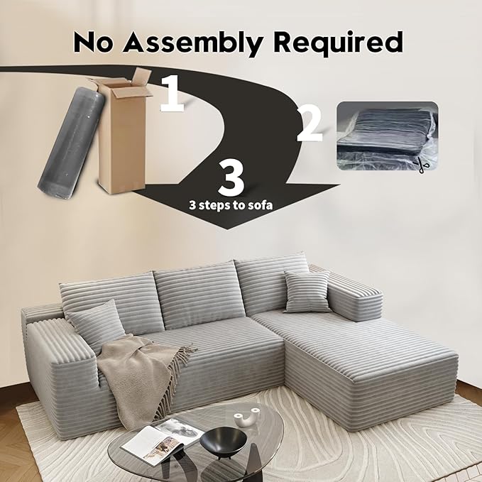 107.5" Cloud Sectional Couch with L-Shape Chaise,Modern Modular Sofa with Deep Seat, Upholstered Couches for Living Room Bedroom Apartments,No Assembly Required, (Grey,Right Facing Chaise)