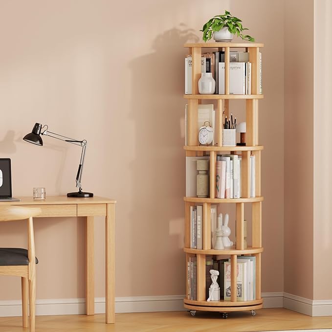 Solid Wood Rotating Bookshelf on Wheels, 5 Tier, Round Revolving Bookcase, 360° Spinning Book Shelf Tower for Kids, Narrow Rolling Bookshelves for Small Space, Corner, Bedroom, Office, Natural