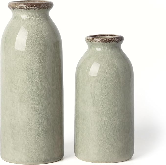 VICTOR & TERESA Green Ceramic Vases Home Decor, Farmhouse Vase for Flowers, Flower Vase Set of 2, Rustic Decorative Vases for Pampas Grass, Table, Living Room, Shelf, Centerpieces, 8 inch