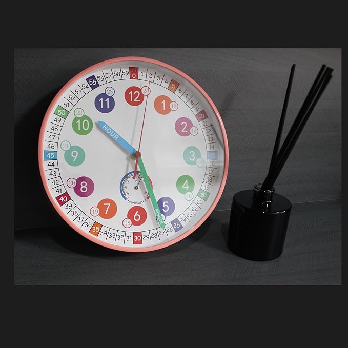 Wall Clocks,10Inch Learning Time Clock, Colorful Clock Face Silent Clocks with Simple Thermometer,Clear Digital Wall Clock (Peach Pink)