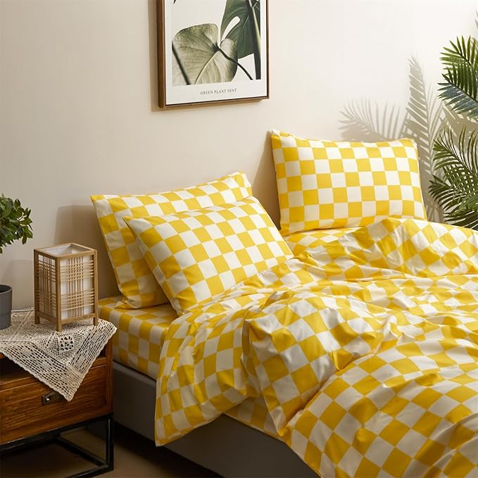 Yellow Checkered Comforter Set King - 3-Piece Bedding Set Lightweight All-Season Comforter with 2 Pillowcases Ultra Soft Microfiber Comforter