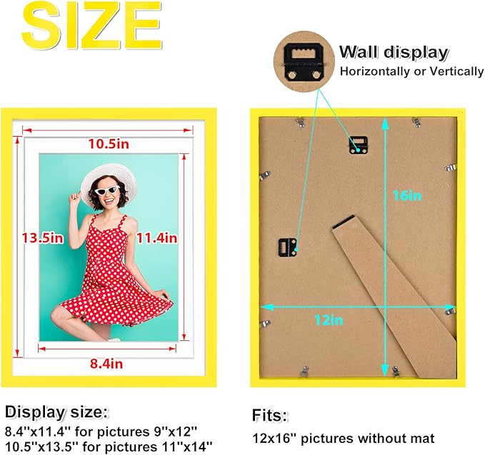 KINLINK 12x16 Picture Frame Yellow, Solid Wood Frames with Acrylic Plexiglass for Pictures 11x14/9x12 with Mat or 12x16 without Mat,Wall Display Photo Frame, Set of 4