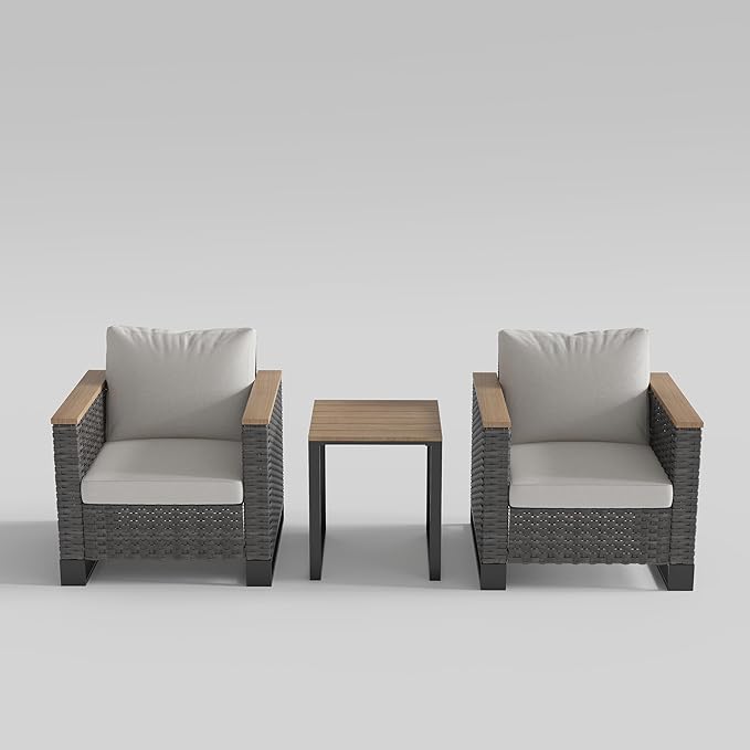 Ypati 3-Piece Handwoven Rattan Patio Conversation Set, Aluminum Frame with All Weather Coating, for Porch, Balcony, Garden, 2 Comfortable Chairs with Coffee Table, Black & Light Gray, Eureka