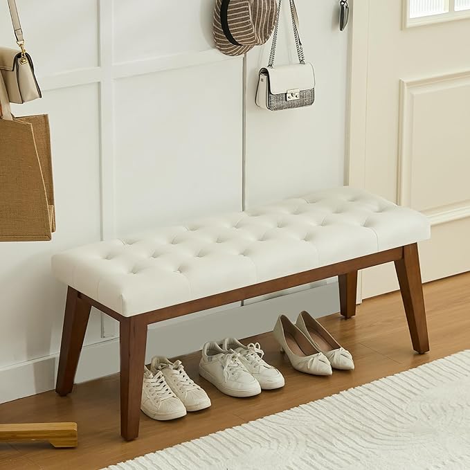 43.5'' Faux Leather Bedroom Bench, Upholstered End of Bed Bench with Tufted Button, Padded Vintage Dining Bench, Entryway Bench with Solid Wood Legs, Kitchen, Living Room, Hallway, Beige Tufted