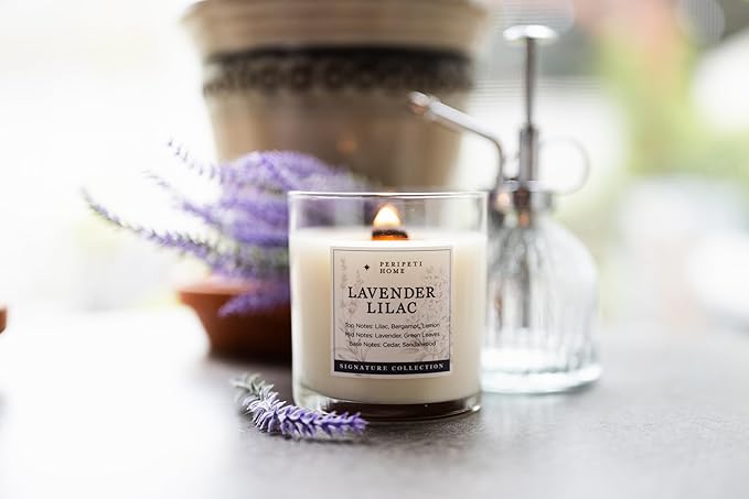 PERIPETI Home Lavender + Lilac Scented Candle - Wooden Wick, 8.5oz Natural Soy Wax for Soothing Aromatherapy - Long-Lasting Relaxing Fragrance for Home or Spa