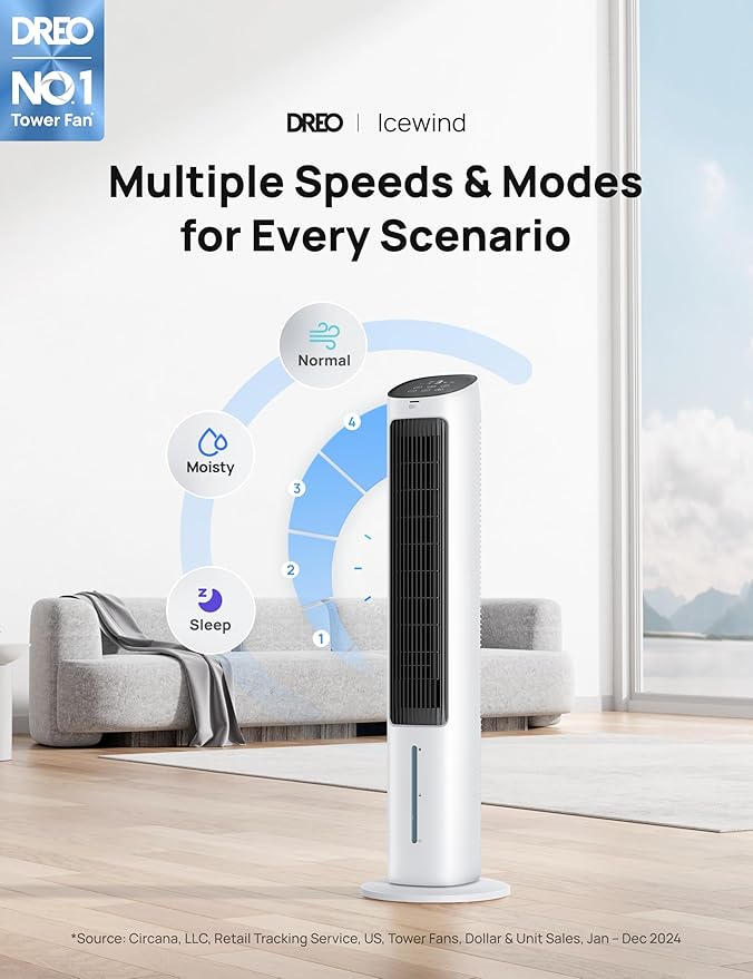Dreo Tower Fan for Bedroom, 40" Evaporative Air Cooler, Cooling Fans That Blow Cold Air with 80° Oscillating, Removable Water Tank, 3 Modes 4-Speed, Remote Control, Quiet Floor Fan, White and Black