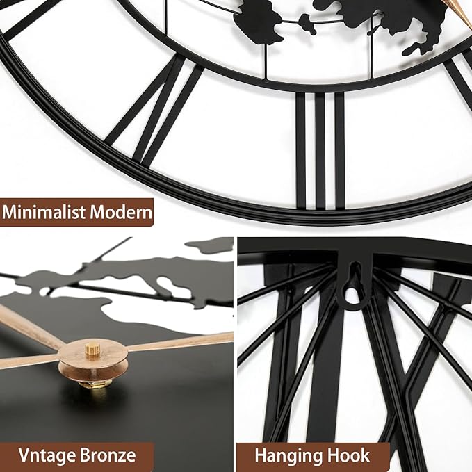 36 Inch Extra Large World Map Wall Clock,Metal Minimalist Modern Silent Non-Ticking Battery Operated Round Clock for Living Room, Bedroom, Office, Kitchen, Black Roman Numerals