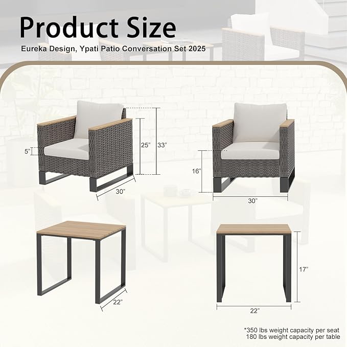Ypati 3-Piece Handwoven Rattan Patio Conversation Set, Aluminum Frame with All Weather Coating, for Porch, Balcony, Garden, 2 Comfortable Chairs with Coffee Table, Black & Light Gray, Eureka