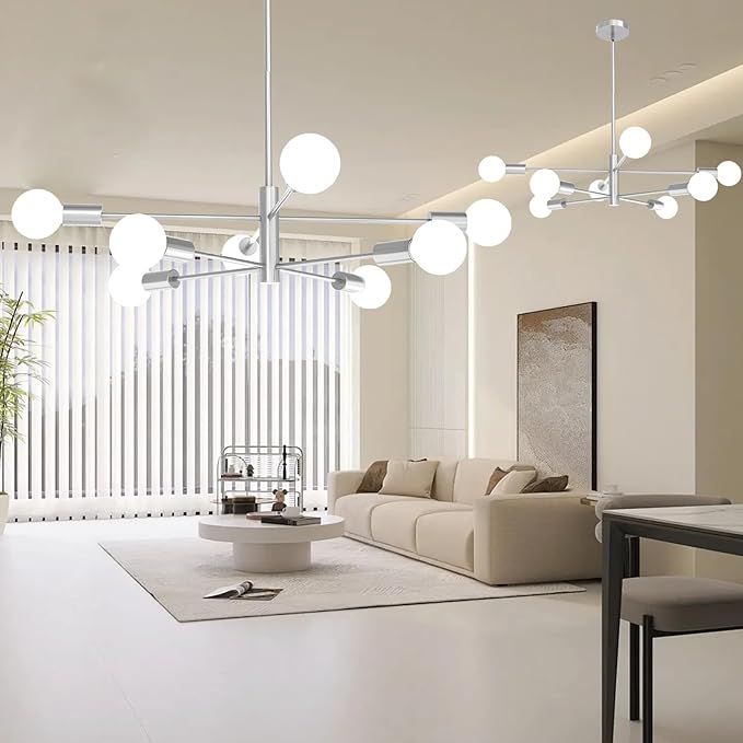 Modern Chandelier, 53 InchH Sputnik Ceiling Light Dining Room Light Fixtures Over Table Height Adjustable Mid Century Hanging Light E26 Pendant Lighting for Bedroom Kitchen Foyer 8-Light Silver