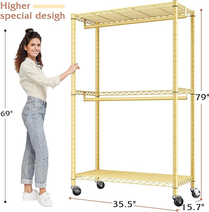 Raybee 79" H Heavy Duty Rolling Garment Rack for Hanging Clothes Adjustable Clothing Rack with Wheels, Hanging Rods,79" H X35.5 W X15.7 D,Yellow