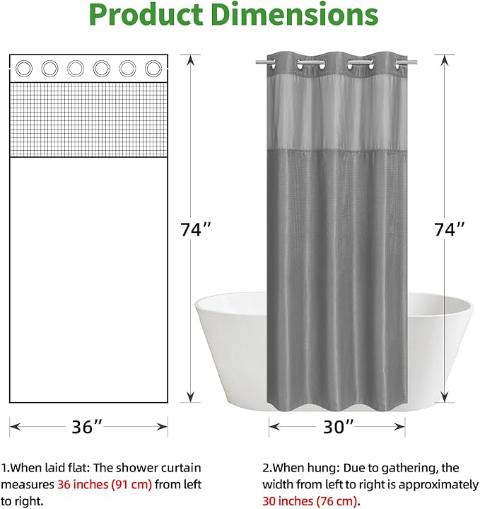 Stall No Hook Shower Curtain with Snap-in Fabric Liner Set,Waffle Weave Shower Curtains for Bathroom,Hotel Luxury Decor Bathroom Curtain Set,Waterproof & Washable,Grey,36Wx74H
