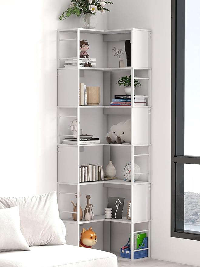 7 Tier Corner Bookshelf 74 Inches Tall Corner Bookcase Industrial L Shaped Book Shelf with Metal Frame Display Rack Storage Organize for Home Office,Living Room,Bed Room (White)