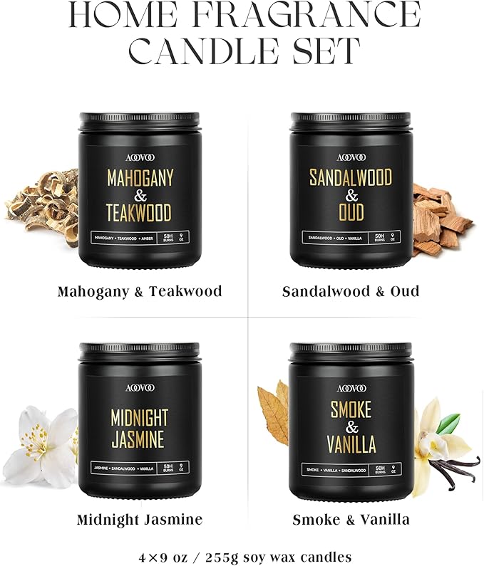 AOOVOO Scented Candles for Men - 4 Pack Candles for Home Scented, 36oz Soy Wax, 200 Hour Burn Time, Men Candle Set, Sandalwood Oud/Mahogany Teakwood/Smoke Vanilla/Jasmine Candle Set A
