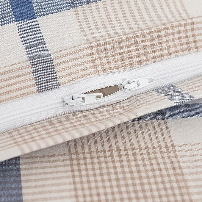 FACE TWO FACE Bedding Duvet Cover Set100% Washed Cotton Duvet Cover Linen Like Textured Breathable Durable Soft Comfy(Full, Blue Grid)