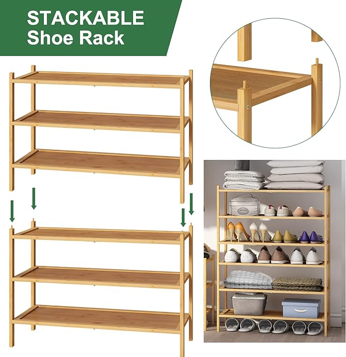 3-Tier Shoe Rack for Closet, Bamboo Wood Shoe Rack for Indoor & Outdoor, Stackable Shoe Organizer for Entryway (Natural, 3-Tier)