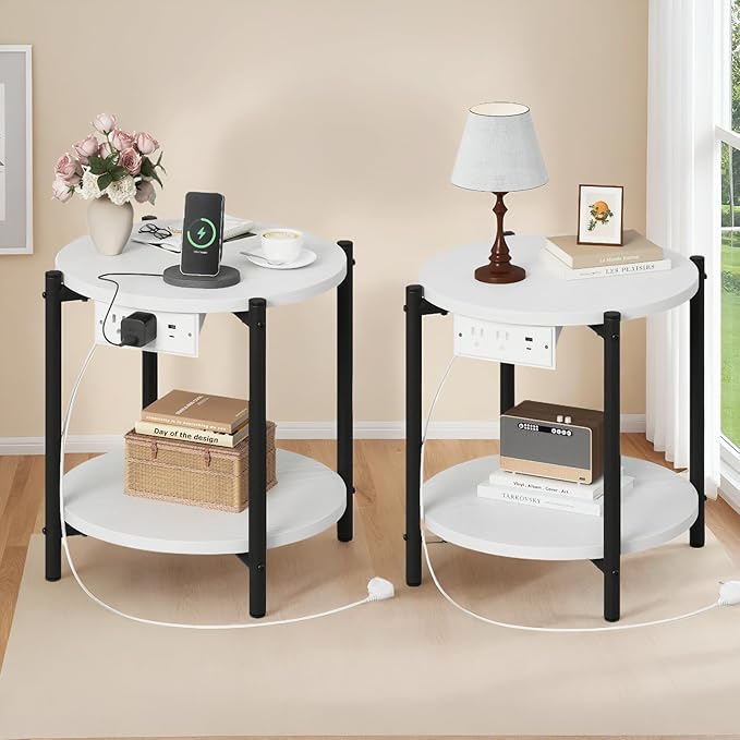 LIKIMIO Small Round End Tables Set of 2 with Charging Station, 2-Tier Wooden Side Tables, 15.8" W Modern Nightstands for Small Spaces, Living Room, Bedroom, White