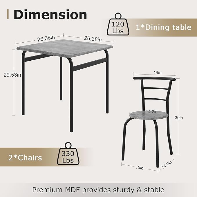 VECELO 3 Piece Dining Table & Chairs Set for 2, Metal and Wooden Square Kitchen Dinette Set for Small Space, Breakfast Nook, Saving Space, Grey