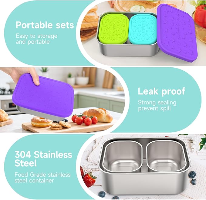 SOPHICO Stainless Steel 24 OZ Snack Containers for Kids,Food Storage Container with Silicone Lid - Perfect 304 Metal Toddler Lunch Box for Daycare and School, Leak Proof (Purple)