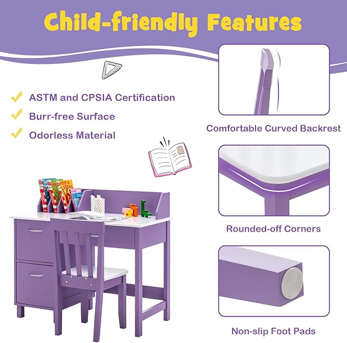 Costzon Kids Desk and Chair Set, Children Wooden School Learning Table w/Drawer & Storage Cabinets, Student Writing Computer Workstation for Bedroom & Study Room, Gift for Ages 3-8 (Purple)
