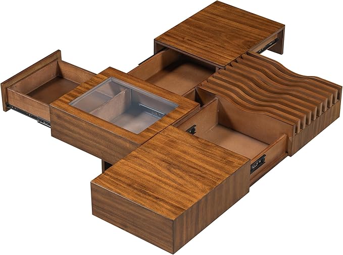 WILLIAMSPACE 33" Square Coffee Table with 3 Drawers, Modern Unique Wooden Center Table with Tempered Glass and Solid Wood Legs, Storage Accent Side End Table for Living Room Apartment, Walnut