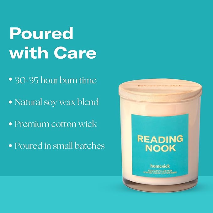 Homesick Scented Candles for Home (Reading Nook) - 7.5 oz Long-Lasting Natural Soy Wax Blend Jar Candle Gift for Women & Men for All Occasions, 30-35 Hours Burn Time - Notes of Sandalwood & Musk