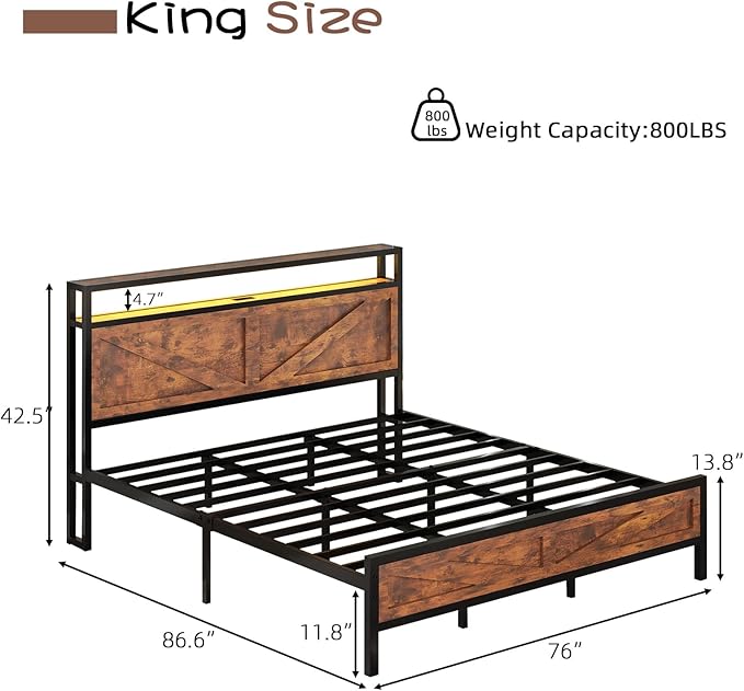 King Bed Frame with LED Lights and Charging Station, Metal Platform Bed King Size with 2-Tier Rustic Barn Door Storage Headboard, Noise-Free, No Box Spring Needed, Easy Assembly, Rustic Brown