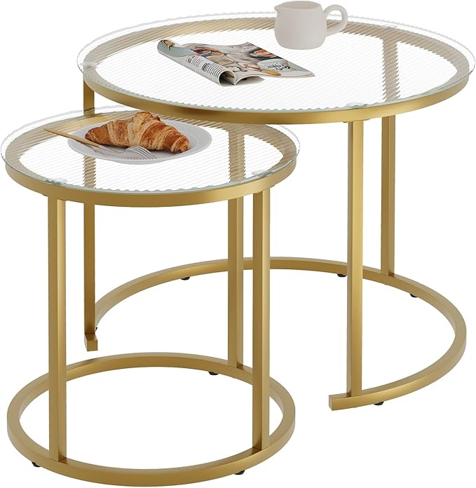 aboxoo Nesting Coffee Table Set of 2, Small Round Glass Nesting Tables for Living Room Bedroom, Accent Tea Table with Gold Metal Frame Modern Industrial Simple