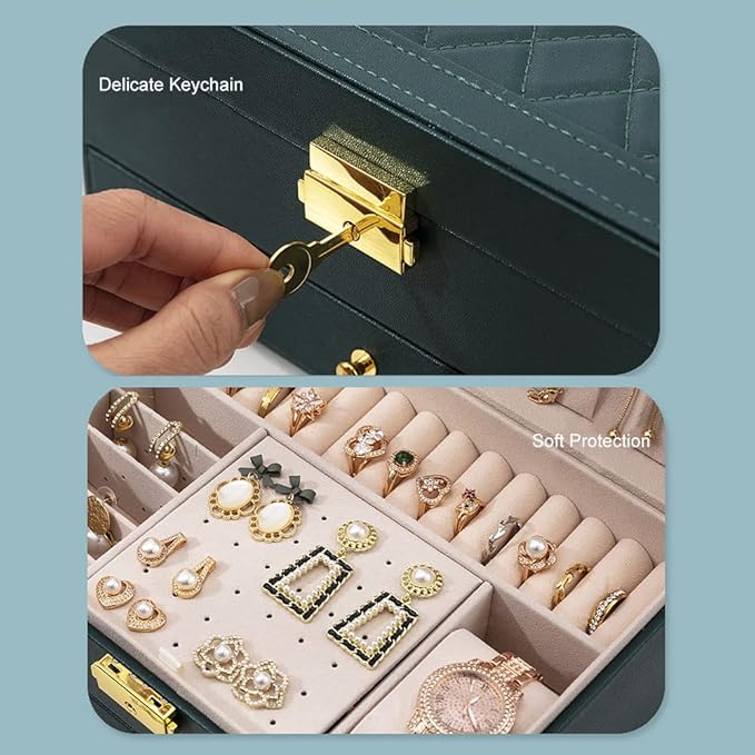 Jewelry Box for Women Girl Wife - Large PU Leather Jewelry Organizer Storage Case with Two Layers Display for Earrings Bracelets Rings Watches (Green)