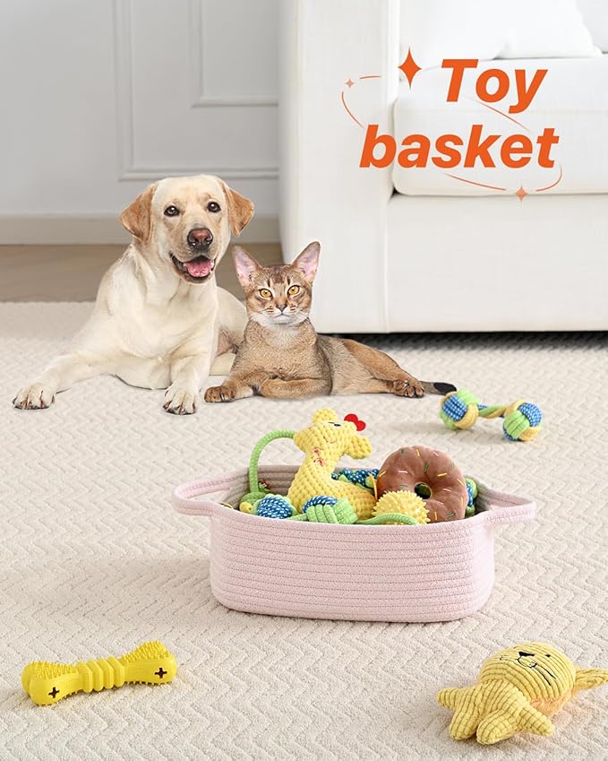 KALLAX Small Woven Basket, 12 x 8 x 4.5 Inches, Small Storage Baskets for Organizing, Gift Baskets Empty, Cute Rope Shelf Closet Storage Bins for Shelves, Dog Toy Basket, 3 Packs, Light Pink