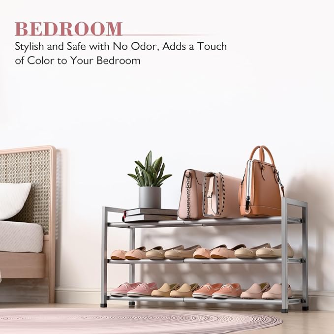 Bumusty 3-Tier Expandable Shoe Rack for Closet, 18“-33” Adjustable Shoe Rack for Small Space, Small Shoe Organizer for Front Door, Sturdy Metal, Light Grey