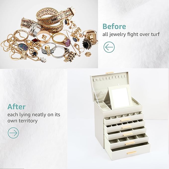 BOOVO Jewelry Box for Women, Gold 6 Layer Large Jewelry Organizer with Glass Lid for Necklace, Bracelet, Earrings, Rings Storage, Jewelry Organizers and Storage for Girls Gift (Champagne, 6 layer)