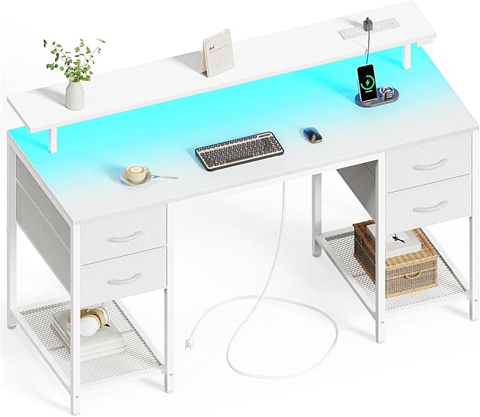 Huuger 55 inch Computer Desk with 4 Drawers, Gaming Desk with LED Lights & Power Outlets, Home Office Desk with Large Storage Space for Bedroom, Work from Home, White